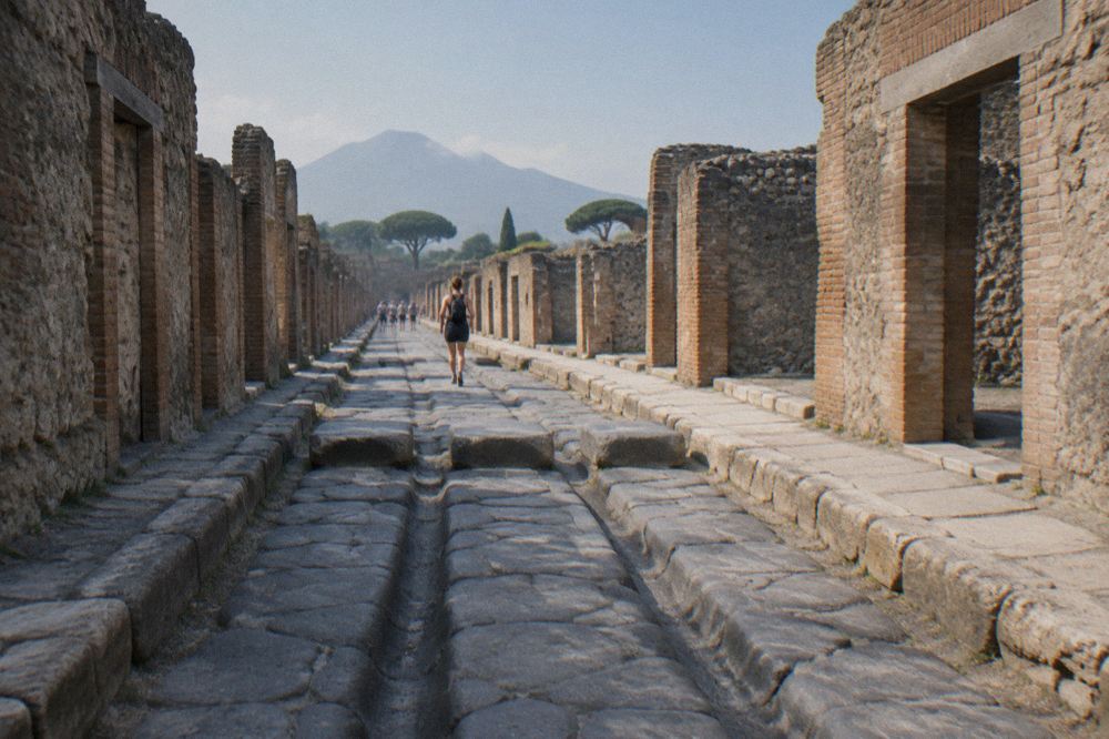 Stone grain mills and a brick oven inside an excavated Pompeii bakery