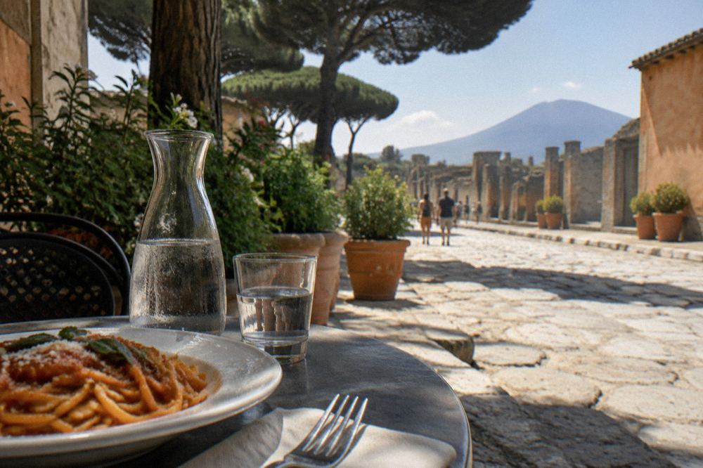 Shaded rest area with stone benches beside an ancient Pompeii street