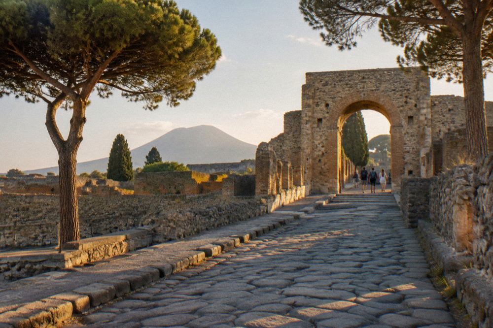 Ancient stone street in Pompeii with worn stepping stones and weathered walls under a clear sky