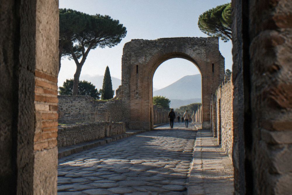 View across the crater rim of Mount Vesuvius with the Bay of Naples in the distance