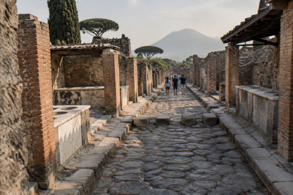 Ticket office entrance area at Pompeii with visitors queuing beside an ancient stone gateway