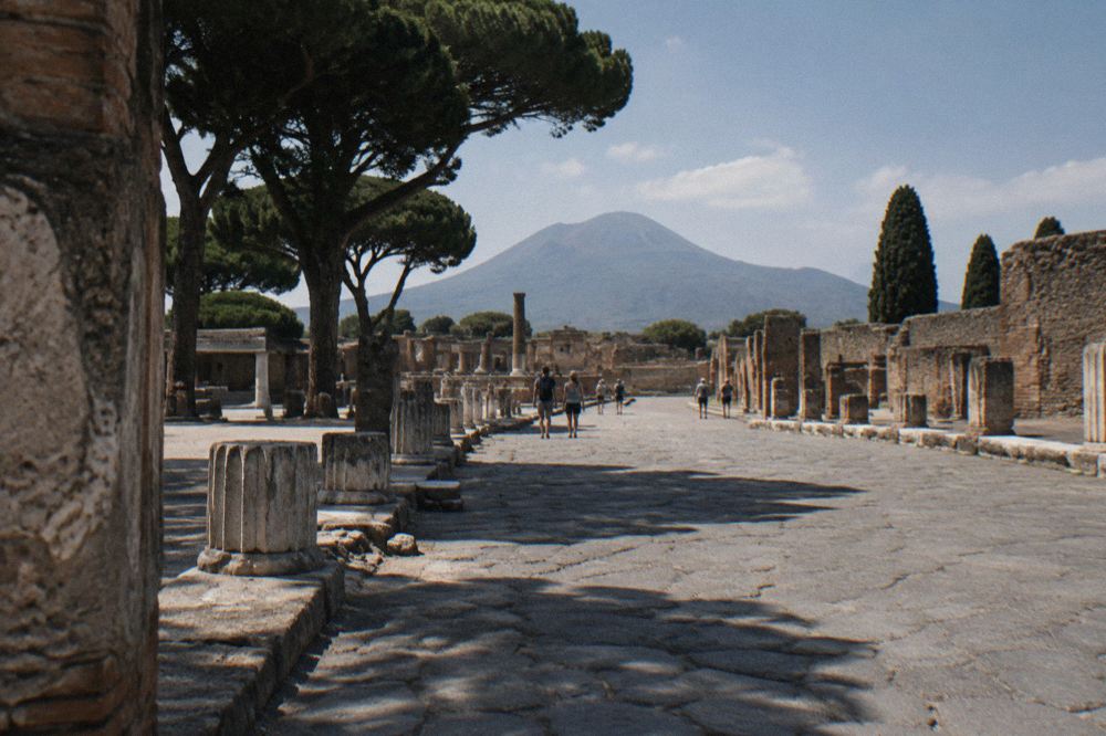 Colonnaded courtyard of the gladiator barracks at Pompeii with plastered columns