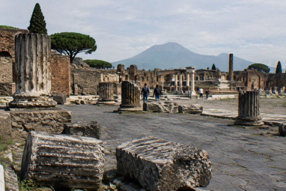 Worn stone steps and vaulted passage inside the amphitheatre at Pompeii