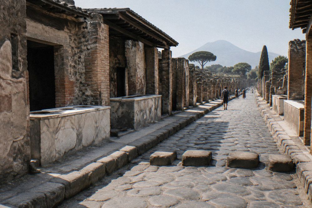 Guide and small group stopped at a painted wall inside Pompeii