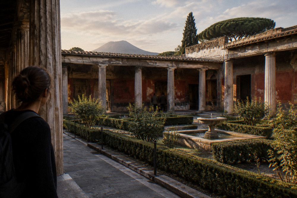 Narrow excavated alley in Pompeii lined by tall stone walls under open sky