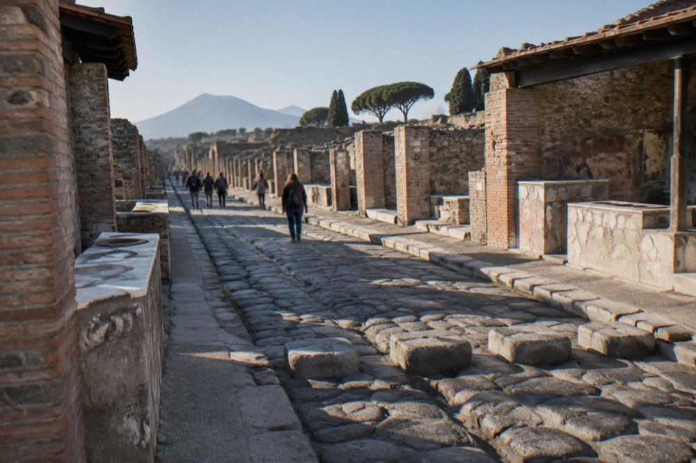 Narrow ancient doorway in a Pompeii house with a low stone threshold