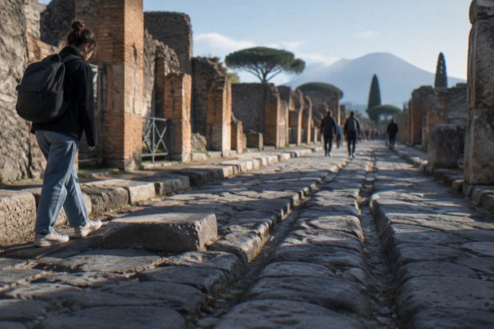Ancient Pompeii street with raised stepping stones crossing the worn paving