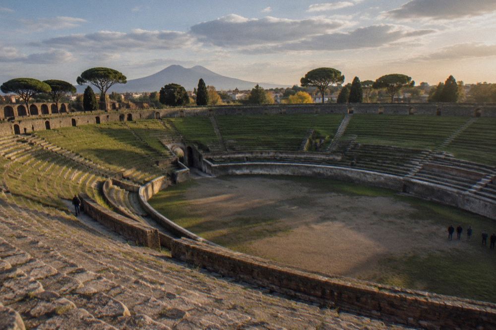 Ancient stone street crossing in Pompeii with high stepping stones over the paving