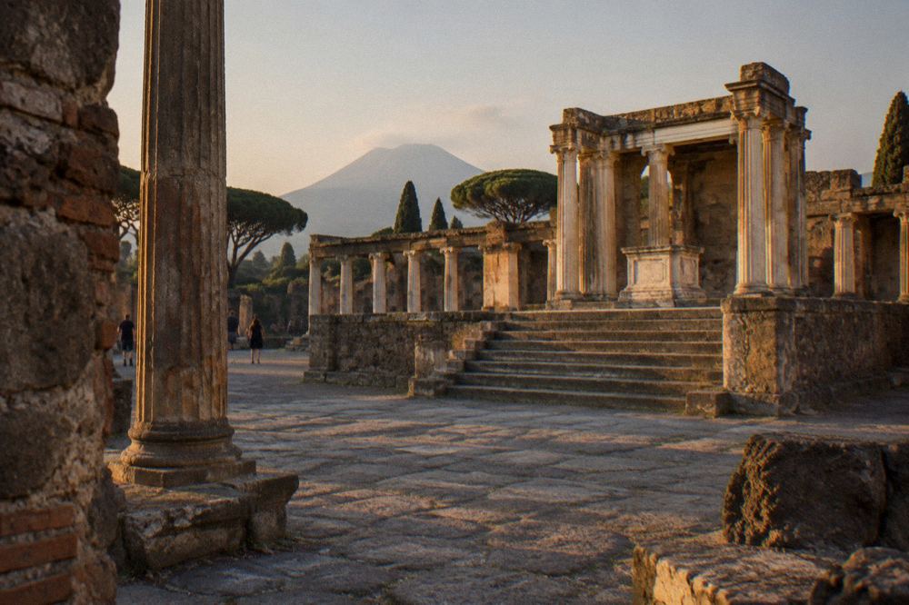 Roman forum columns of Pompeii standing against the sky with Vesuvius behind