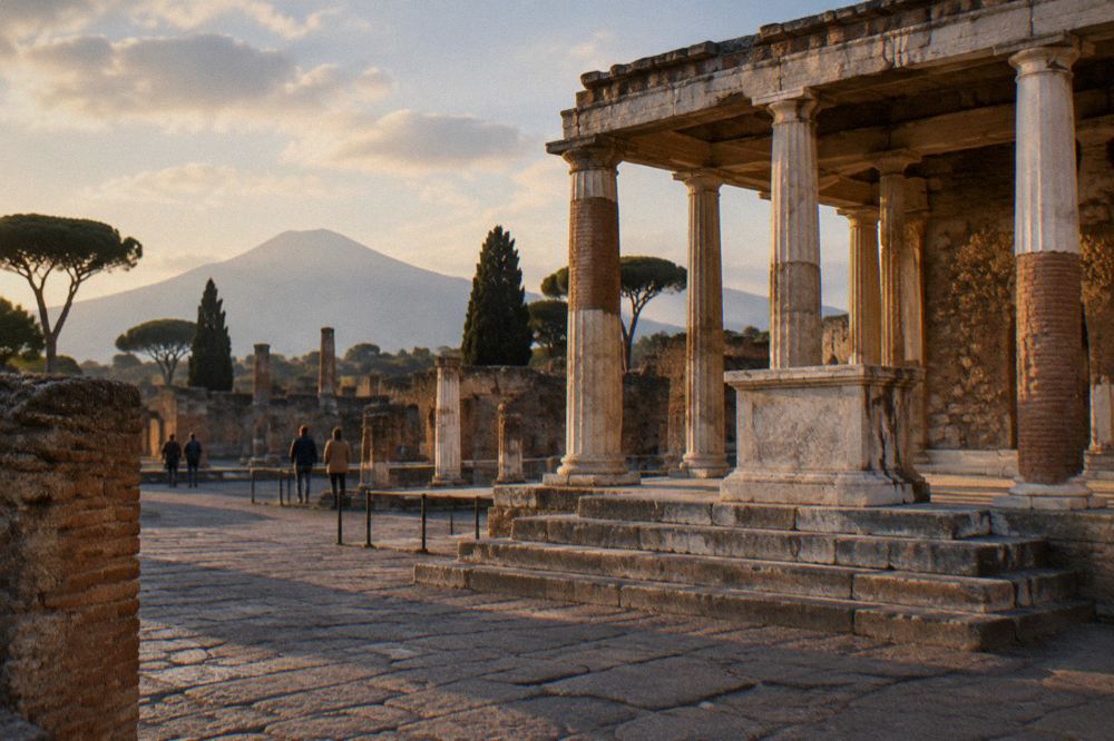 Tourist map board standing among the ruins of Pompeii with streets stretching beyond