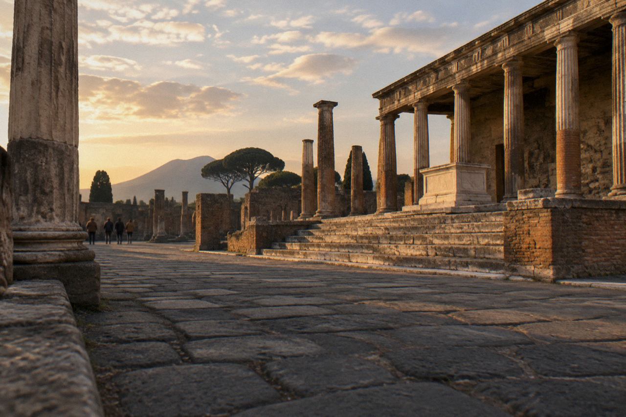 Stone-paved Roman street in Pompeii with worn stepping stones and ancient walls under a clear sky