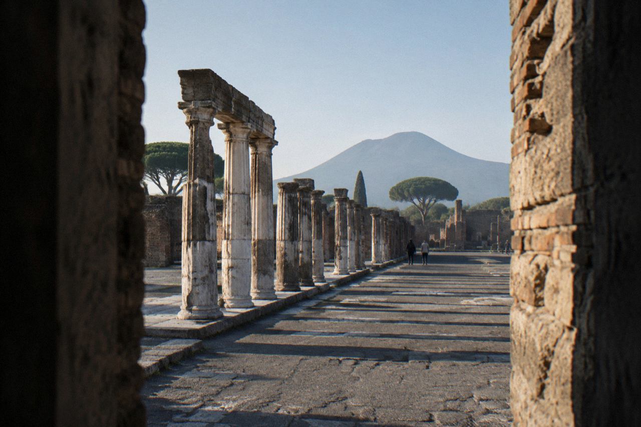 Excavated stone street in Pompeii with ancient walls and Mount Vesuvius in the distance