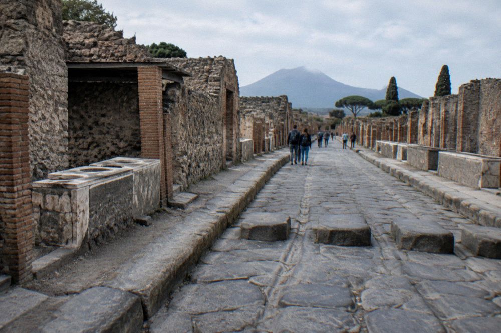 The floodlit facade of the Sanctuary in modern Pompei in the evening