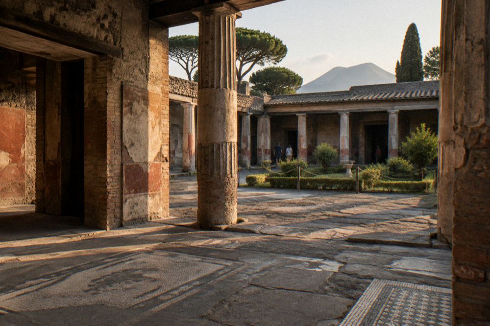 Golden evening light on the ruined walls of Pompeii before closing time
