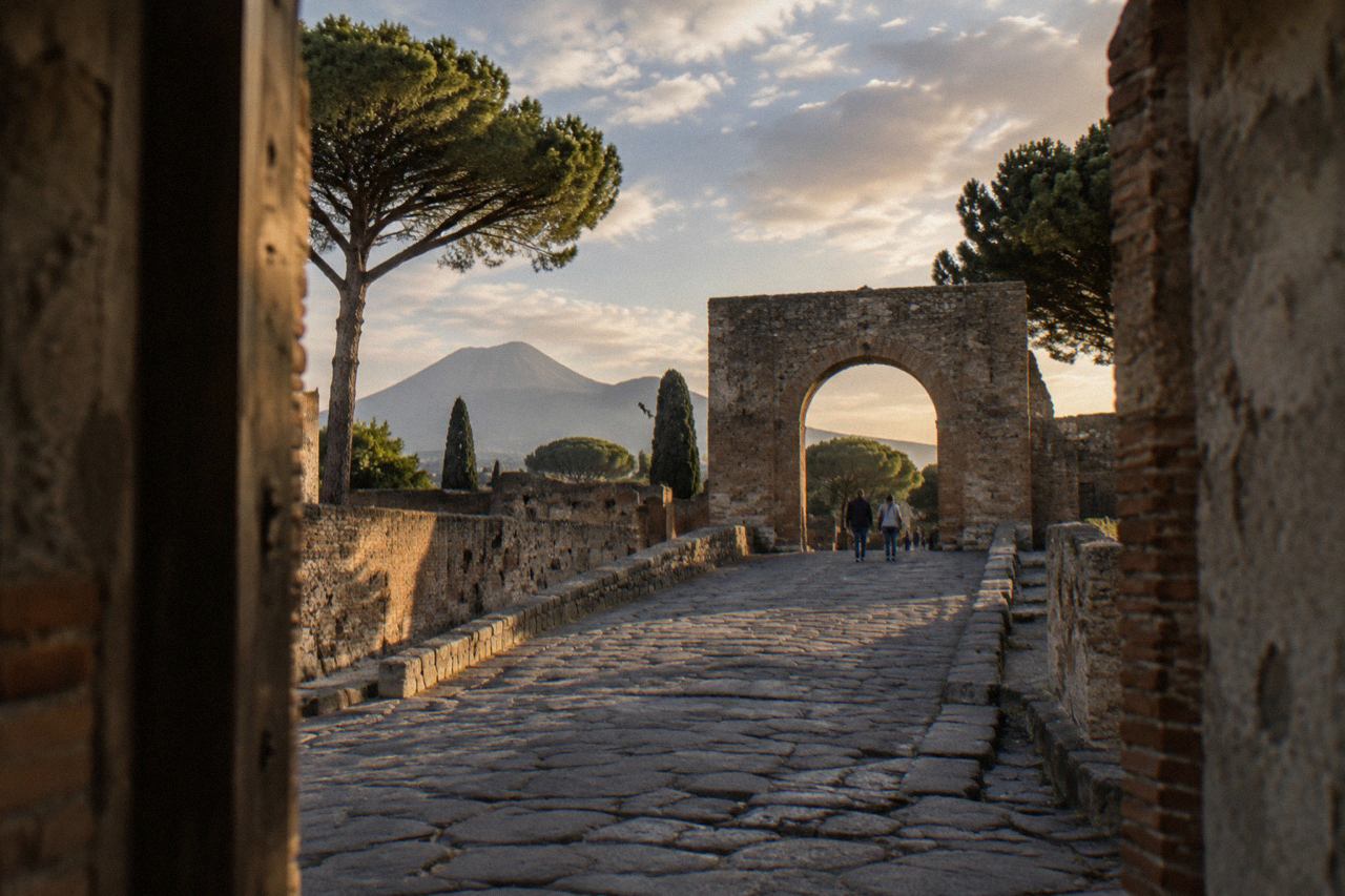 Ancient stone street in Pompeii with Mount Vesuvius in the distance under a clear sky