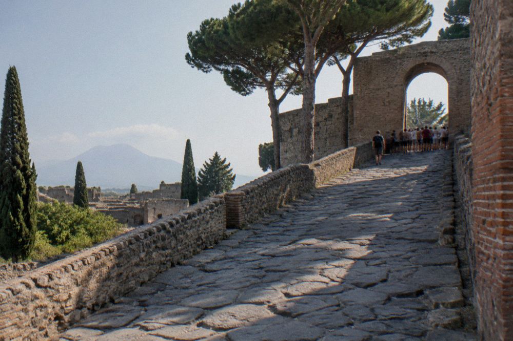 Tour coaches parked in a row along a street near an archaeological site entrance
