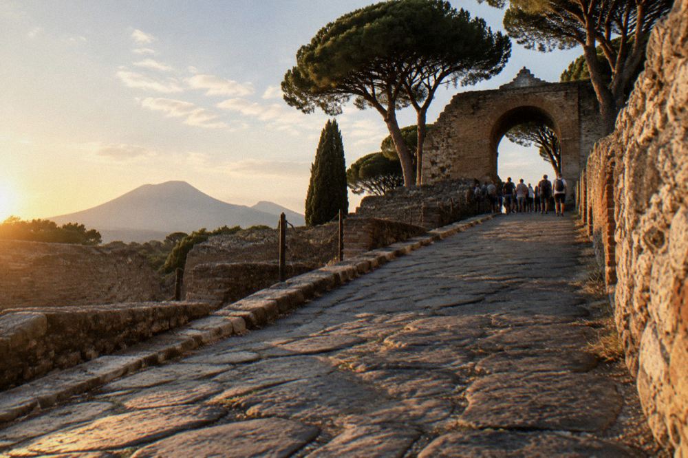 An ancient stone gate entrance to Pompeii in warm late afternoon light