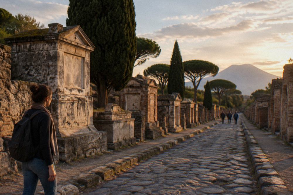 Ancient stone street in Pompeii with wheel-worn paving stones and ruined walls under morning light
