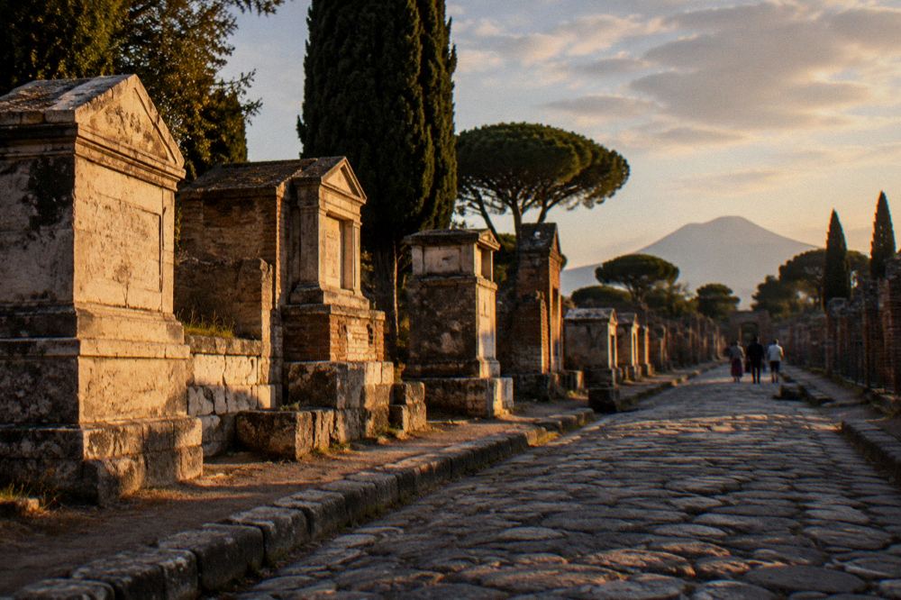 Stone stepping stones crossing an ancient paved street in Pompeii
