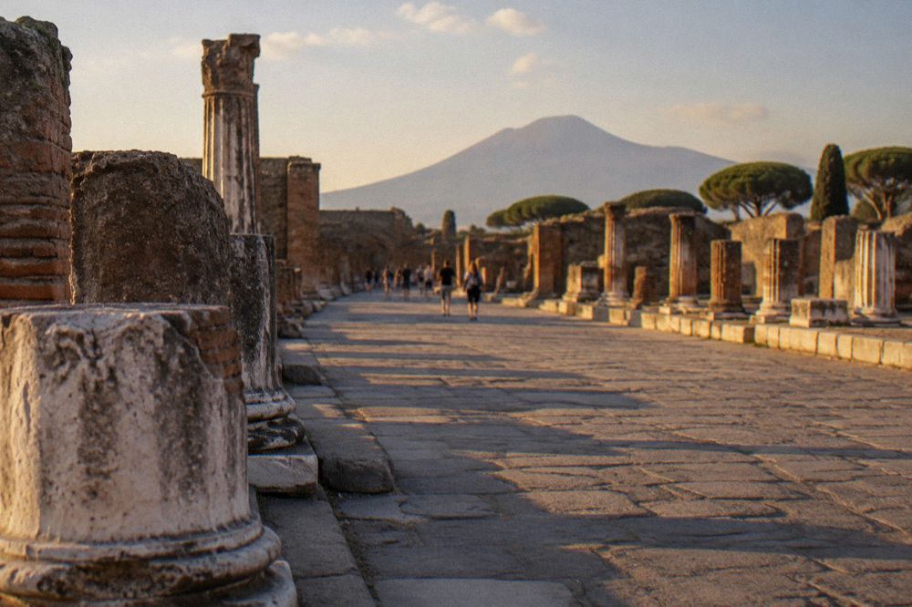 Mount Vesuvius rising above Pompeii rooftops under a clear sky