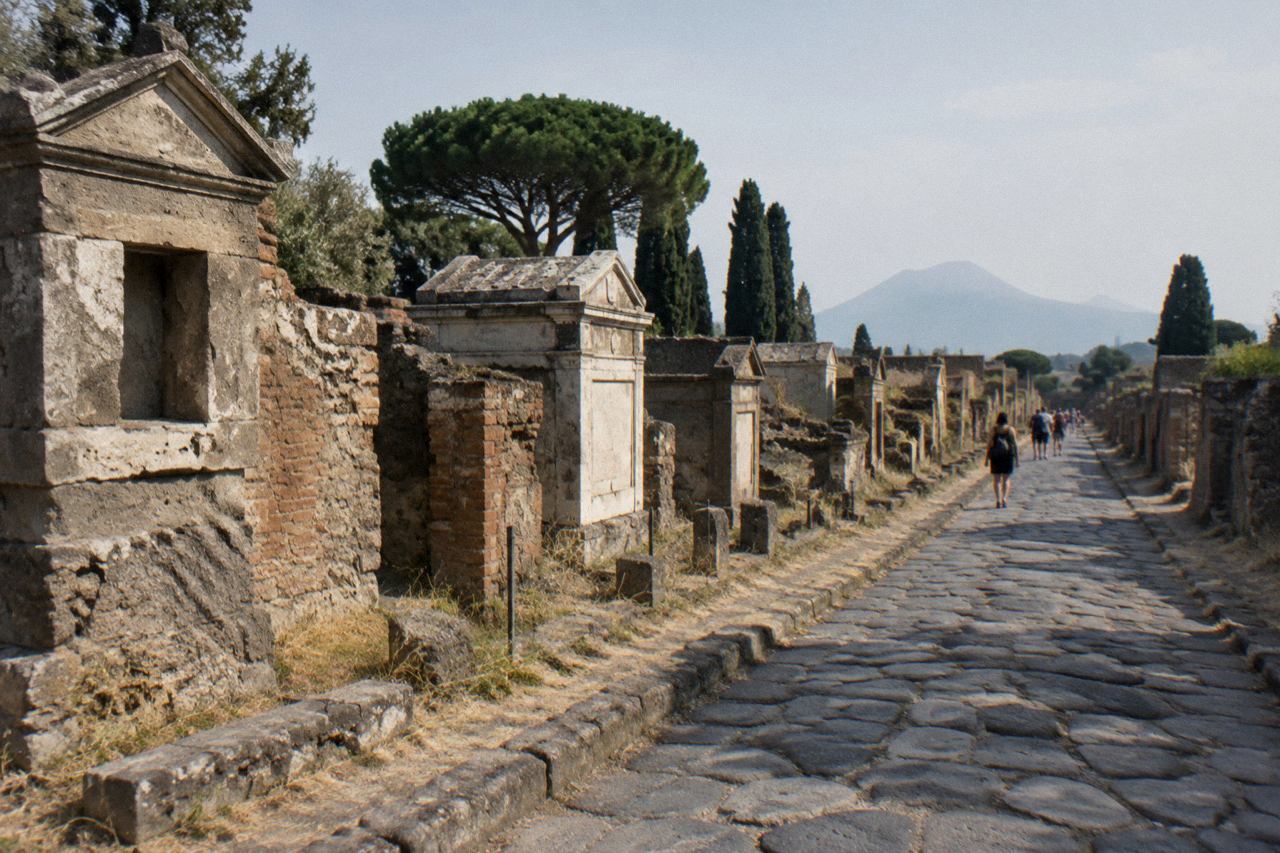 Ancient stone street in Pompeii with wheel-worn paving stones and ruined walls under morning light