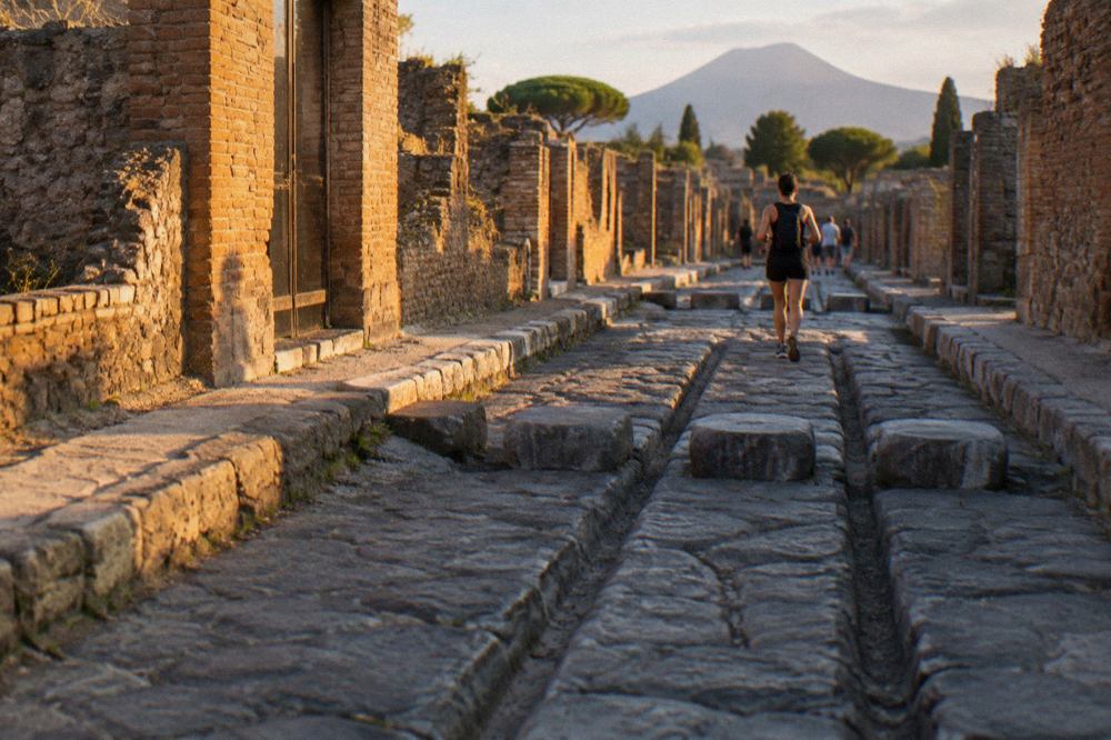 Ancient stone street in the archaeological park of Pompeii with worn stepping stones and ruts in the paving