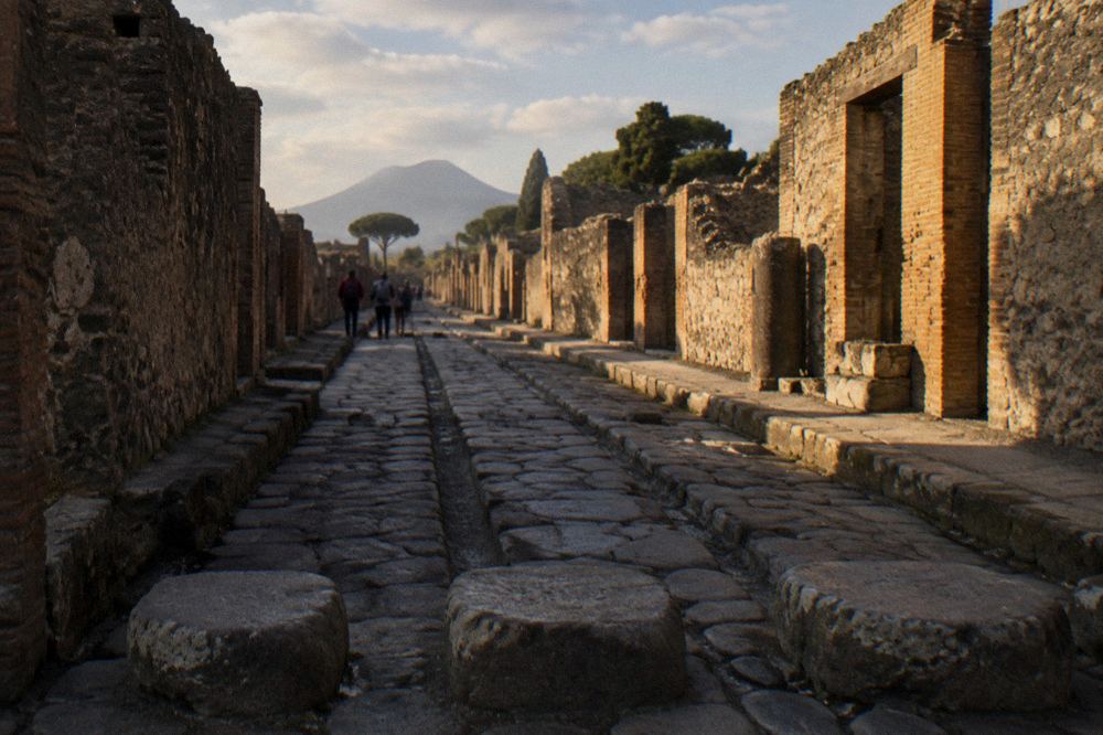 Family with a small child walking a wide ancient street in Pompeii in morning light