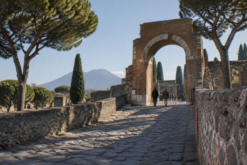 View across the excavated ruins of Pompeii with Mount Vesuvius rising in the background under a hazy sky