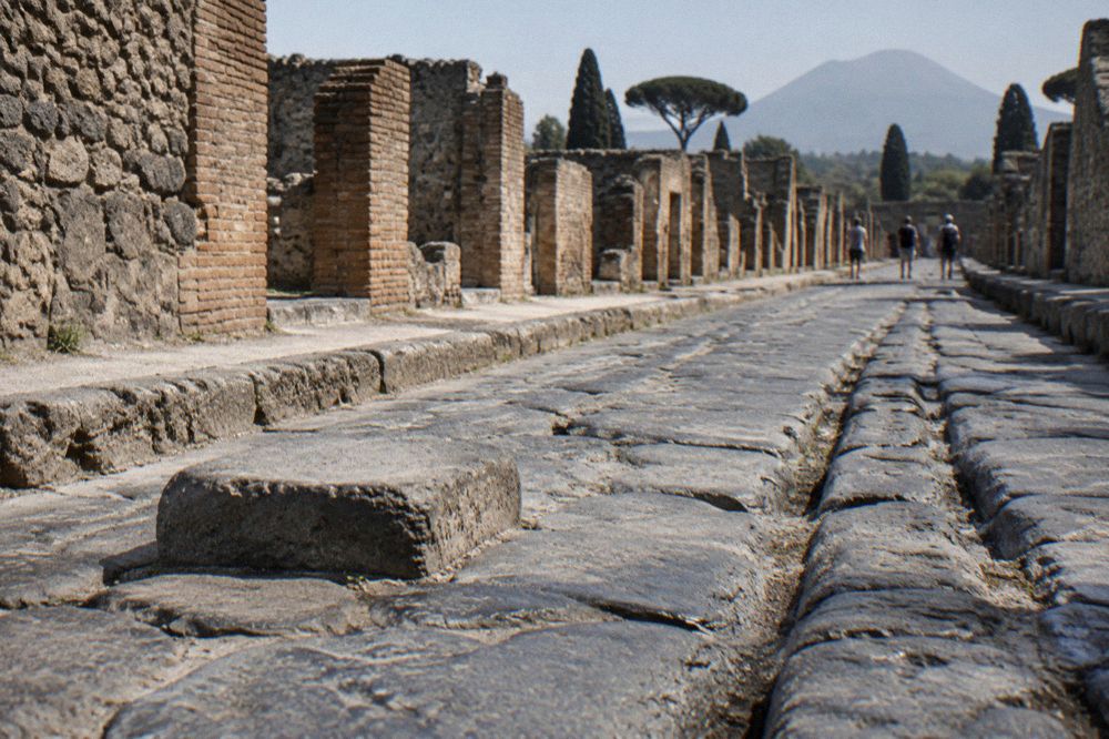 Long avenue of ancient columns and ruined walls in Pompeii under a bright blue sky