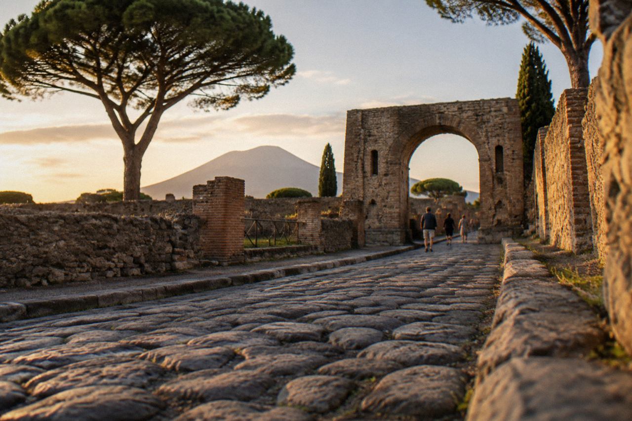 Ancient stone street in Pompeii with worn cart ruts and ruined walls under a clear sky