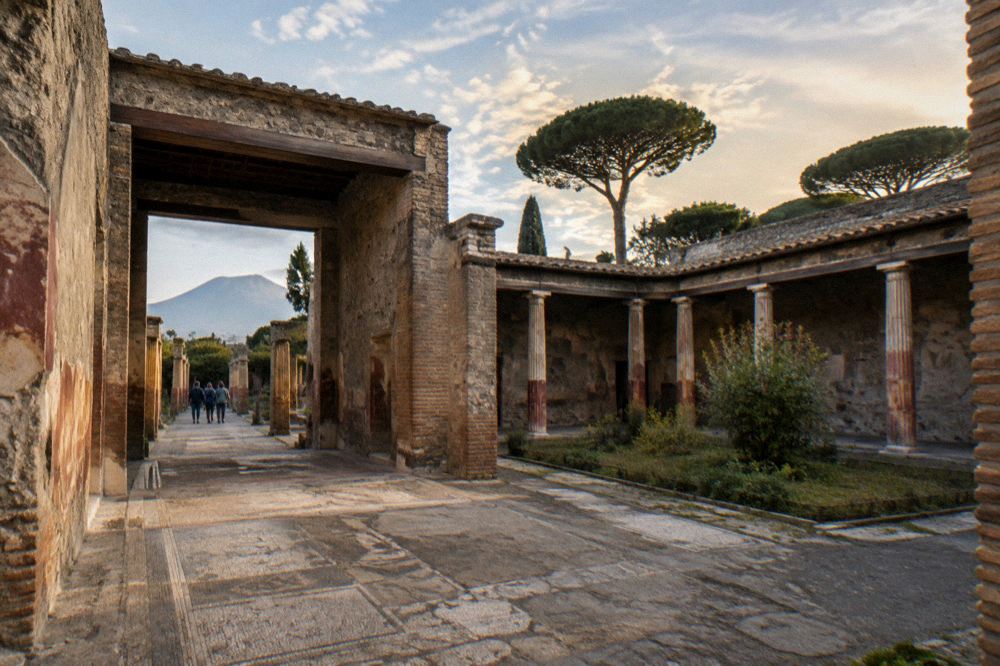 Excavated Roman frescoed wall inside a building at Pompeii with warm natural light
