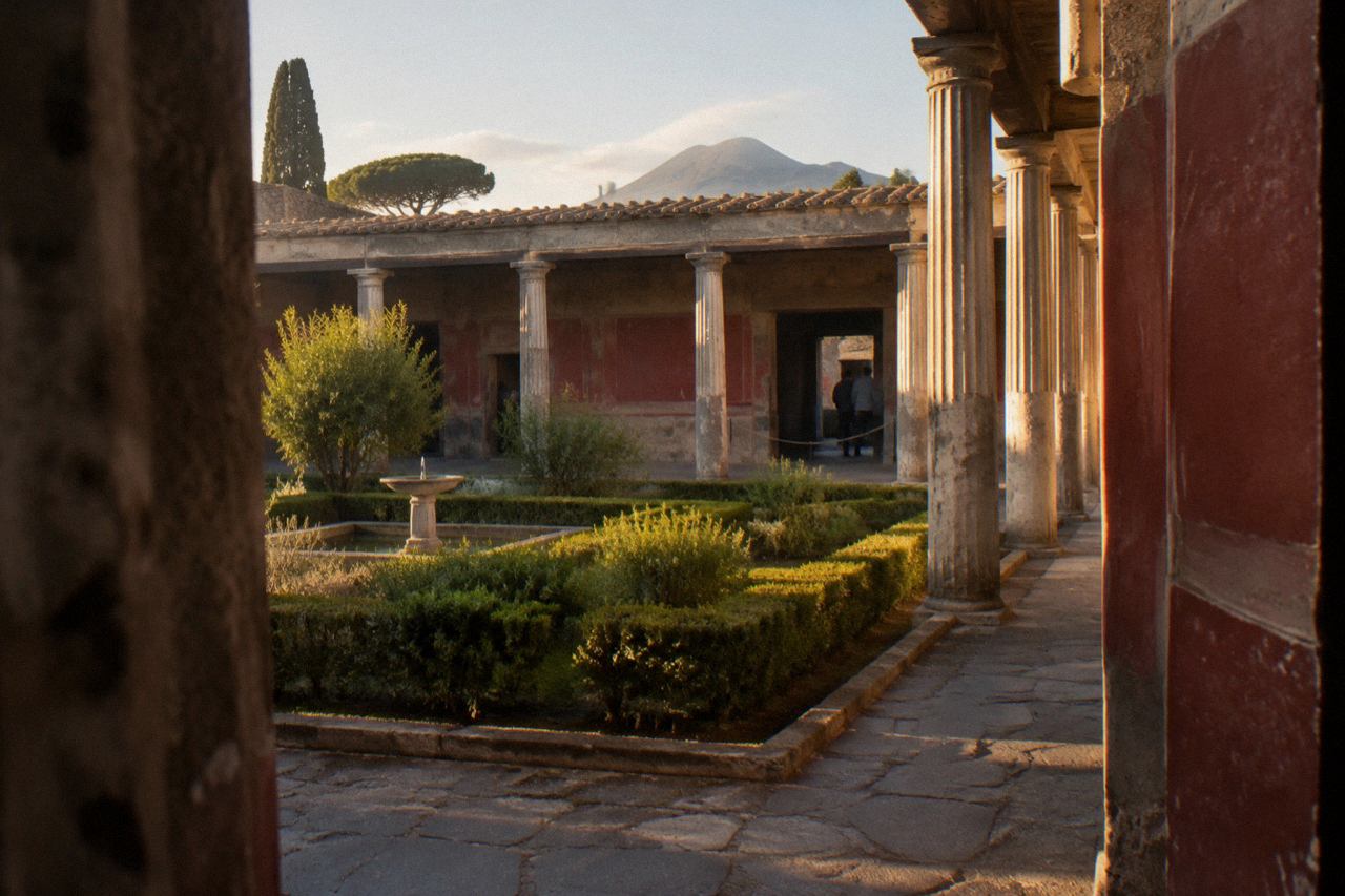 Stone-paved Roman street in Pompeii with ancient walls and Mount Vesuvius in the distance
