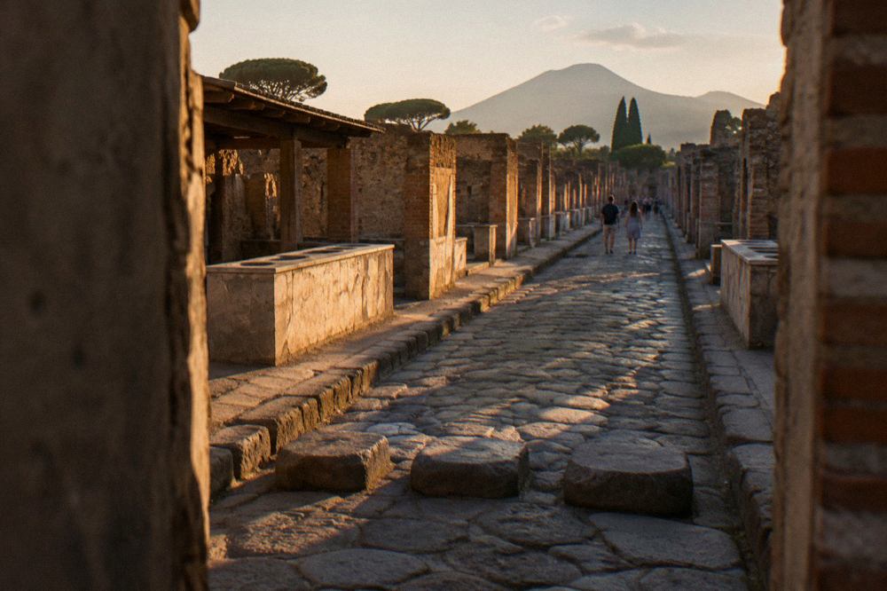 Ancient stone Roman latrine seats along a wall of the Pompeii archaeological site