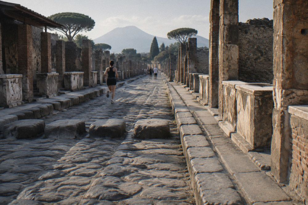 Visitors walking along a wide ancient stone street between ruined walls at Pompeii