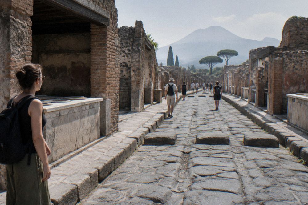 A smooth modern walkway beside ancient Roman paving stones inside Pompeii
