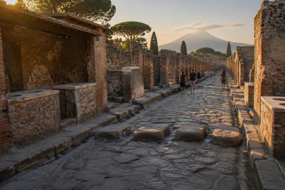 An ancient Roman public latrine with stone bench and drainage channel at Pompeii