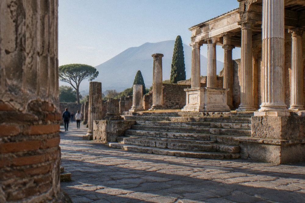 The ancient stone gate of Porta Marina at golden hour with the park entrance path