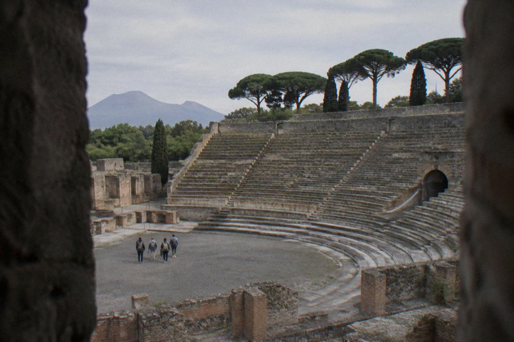 The large theatre of Pompeii seen from its upper seating steps