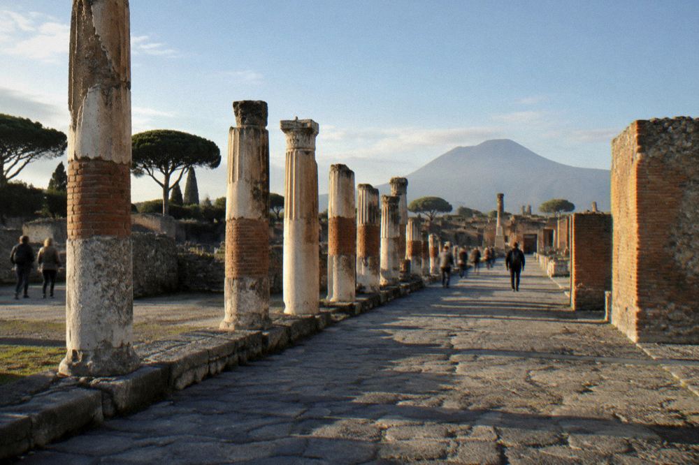 The forum of Pompeii at golden hour with columns silhouetted against the sky