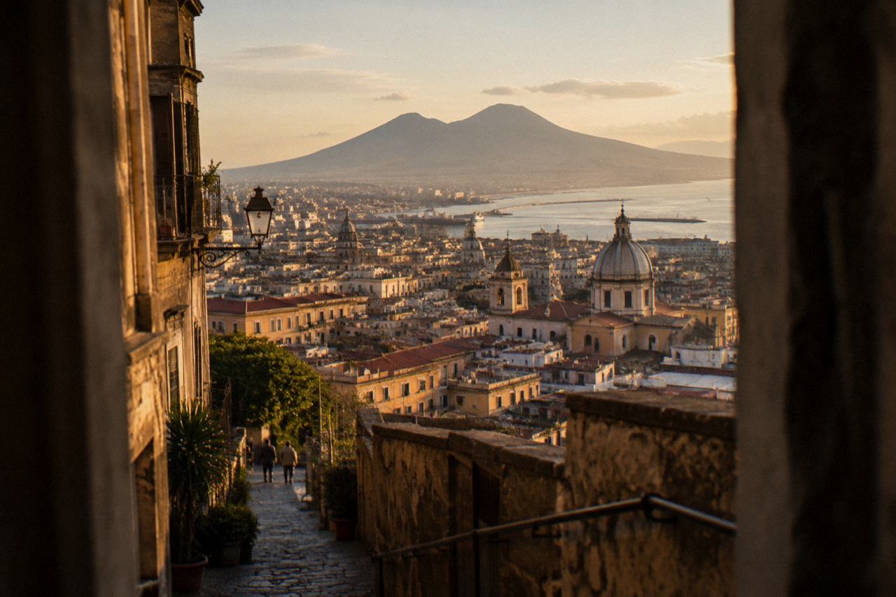 The stone-paved Street of Abundance in Pompeii with Mount Vesuvius rising in the distance