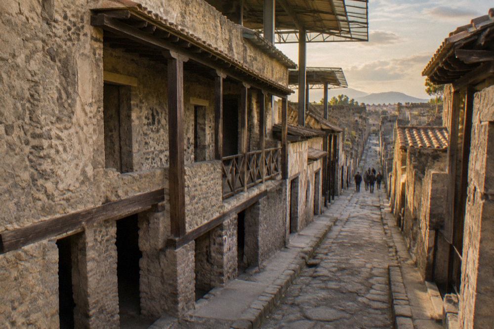 Wide view over ruined Roman walls and paved streets at an ancient buried city in Italy