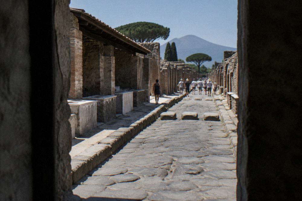 Stepping stones crossing an ancient stone-paved Roman street