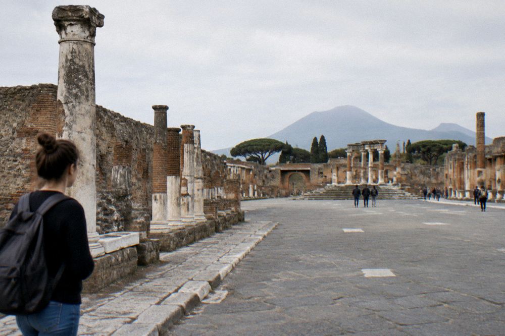 Open excavated Roman street under strong morning sun with few people present