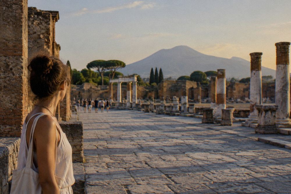 Roman amphitheatre arena of ancient Pompeii seen from the upper seating