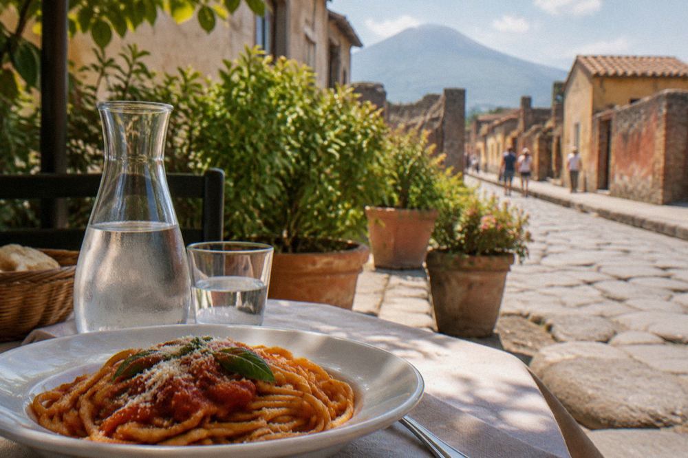 Sunlit stone street of ancient Pompeii with Mount Vesuvius rising in the background under a clear sky