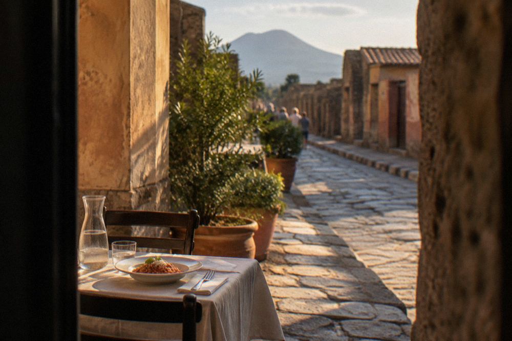 Empty ancient street in Pompeii under a soft grey winter sky with wet stone paving