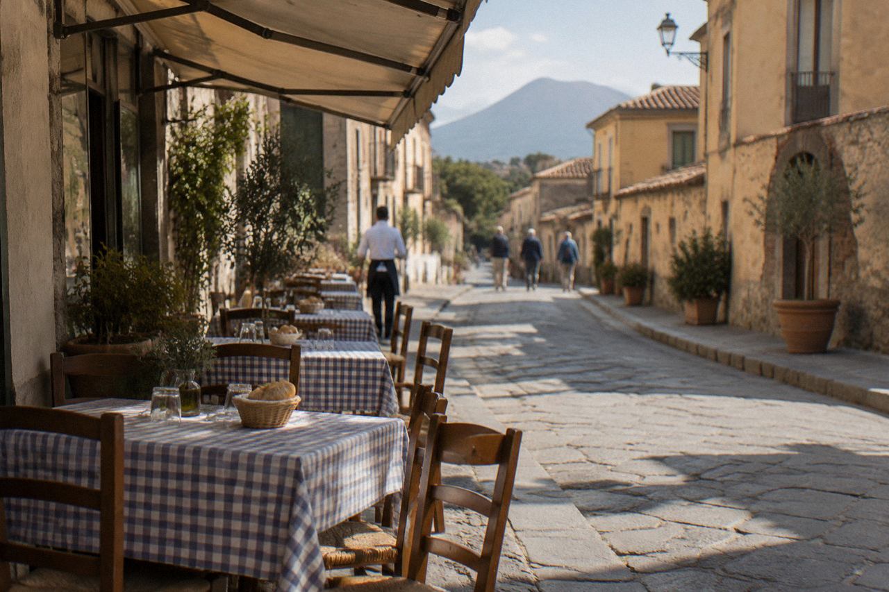 Sunlit stone street of ancient Pompeii with Mount Vesuvius rising in the background under a clear sky