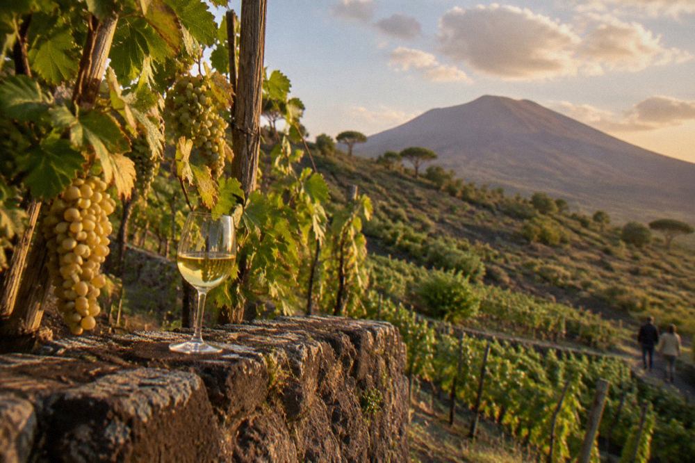 Vineyard rows on the lower slopes of Mount Vesuvius above the Bay of Naples