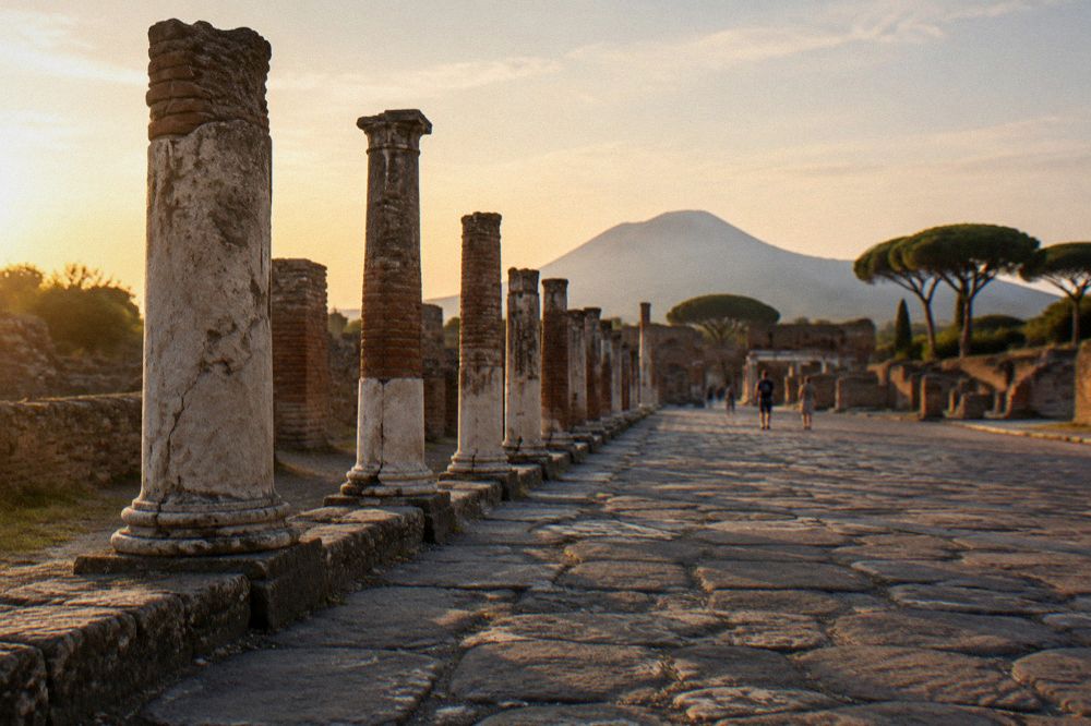 Shaded colonnade along an ancient Pompeii street offering relief from the sun