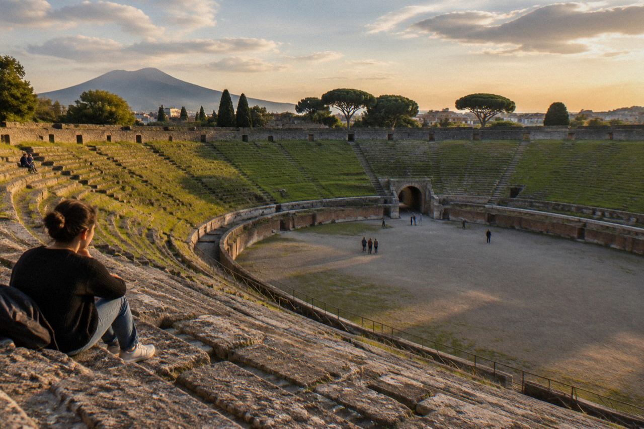 Ancient stone-paved street in Pompeii with worn cart ruts under open sky